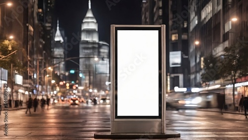 Blank white vertical digital billboard poster on city street bus stop sign at night, blurred urban background with skyscraper, people, mockup for advertisement, marketing generative ai
