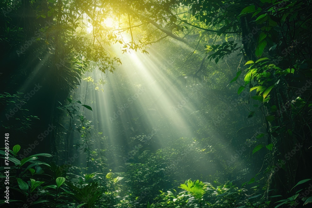 Sun rays illuminate the verdant jungle as they filter through the thick tree foliage, Mystical forest with a ray of sun penetrating the canopy, AI Generated Sun rays illuminate the verdant jungle as they filter through the thick tree foliage, Mystical forest with a ray of sun penetrating the canopy, AI Generated