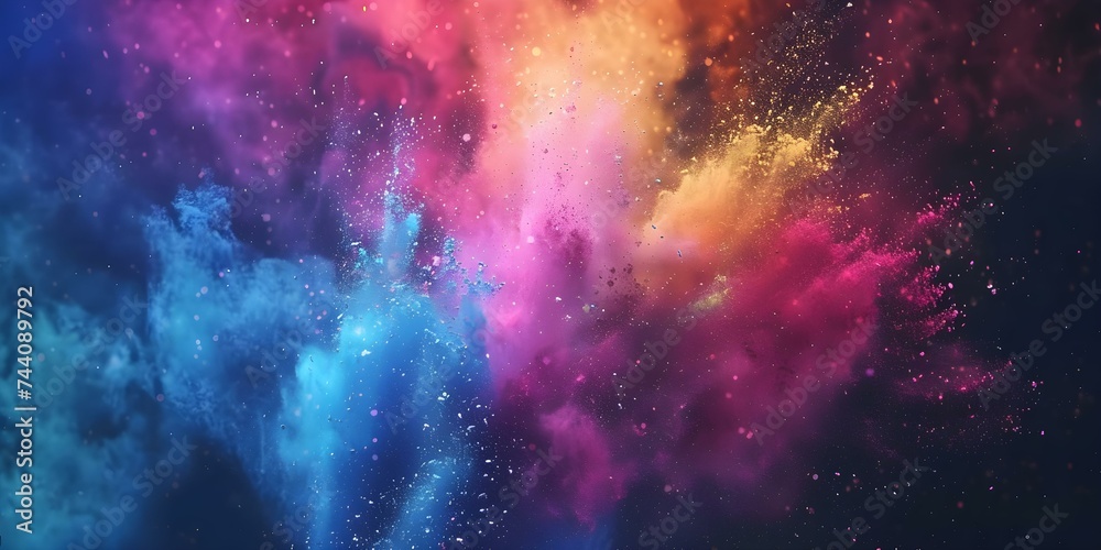 Colorful powder explosions against a dark backdrop in a video loop for festive celebrations. Concept Colorful Powder Explosions, Dark Backdrop, Video Loop, Festive Celebrations