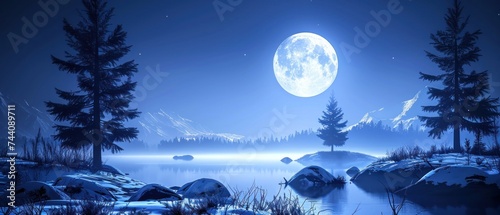 a night scene with a full moon in the sky and a lake in the foreground with rocks in the foreground and trees in the foreground. photo