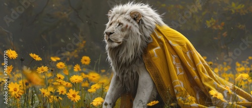 a white lion wearing a yellow scarf in a field of wildflowers with trees in the backgroud. photo