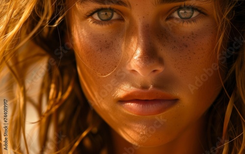 A detailed view of a womans face showing her prominent freckles