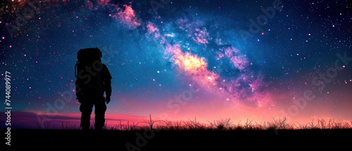 a silhouette of a person standing in front of a night sky filled with stars and the milky in the background.