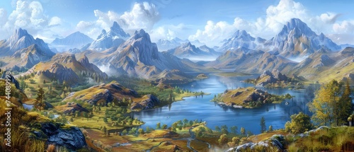 a painting of a mountain range with a lake in the foreground and a mountain range in the far distance. © Jevjenijs