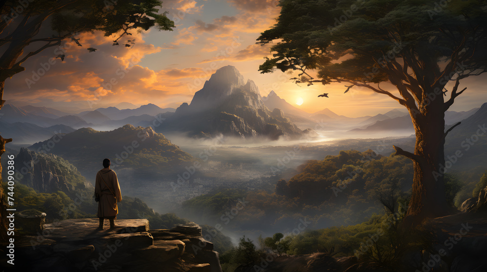a man meditates in front of a mountain with a large landscape behind him