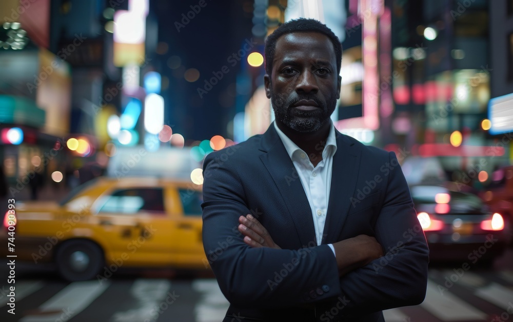 Fototapeta premium A man standing still in the middle of a bustling city street, surrounded by tall buildings and vehicles passing by