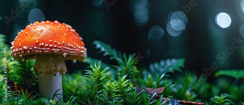 a close up of a mushroom in a field of grass with trees in the background and boke of lights in the background.