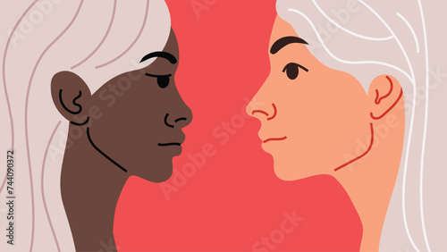 Multinational peoples portrait - black and light skinned girls. Two faces opposite each other on color background. Vector flat illustration.