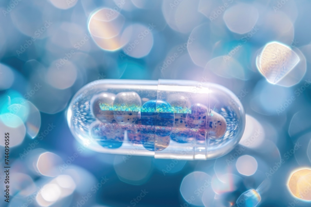 This photo depicts a detailed close-up view of a pill resting inside a glass container, Nanocapsules releasing medication in the body, AI Generated