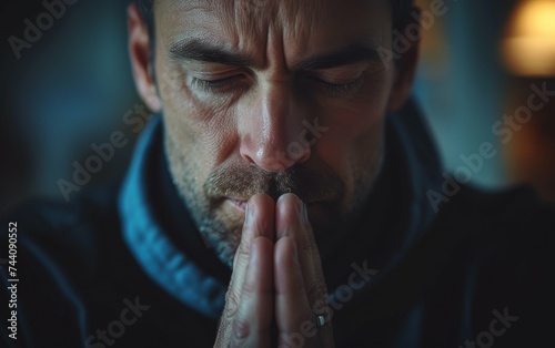 A man standing with his hands folded together in a gesture of prayer photo