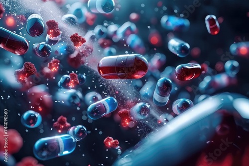 A collection of red and blue pills suspended in the air, creating a striking visual composition, Nanocapsules releasing medication in the body, AI Generated photo