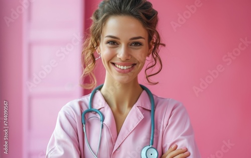 A female healthcare professional wearing a pink shirt and holding a stethoscope photo