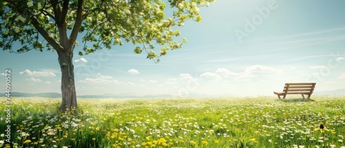 a park bench sitting in the middle of a field of grass and wildflowers with a tree in the foreground. photo