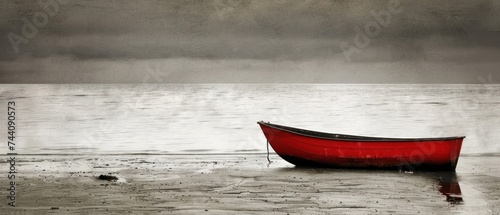 a red boat sitting on top of a beach next to a body of water with a dark sky in the background. photo