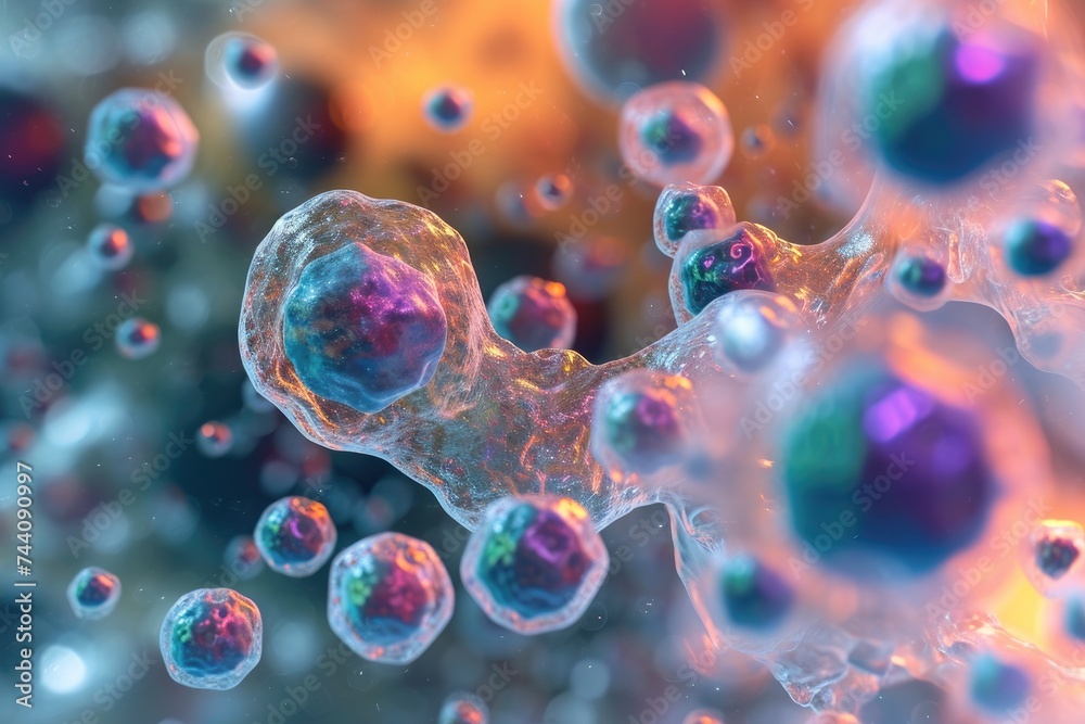 Numerous vibrant bubbles hover in the air, creating a lively atmosphere at a childrens party, Nanoparticles assembling themselves, AI Generated Numerous vibrant bubbles hover in the air, creating a lively atmosphere at a childrens party, Nanoparticles assembling themselves, AI Generated