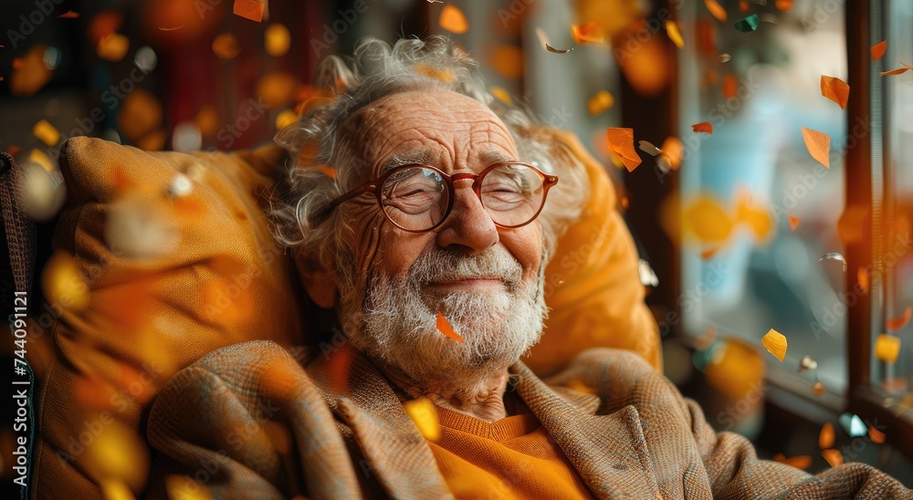 Fototapeta premium A seasoned man with glasses and a full beard sits in a chair, his face etched with wrinkles, creating a striking portrait of a wise and contemplative person, framed by the vibrant hue of an orange ba