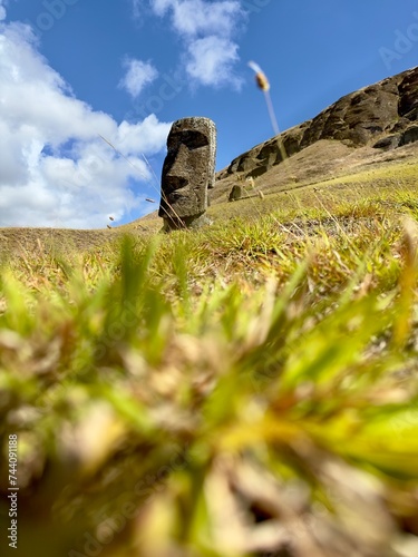 Famous figures, statues, Ancient Moai typical Statue of Easter Island, world heritage wonder, Raraku, Rapa Nui, Hanga Roa, Chile