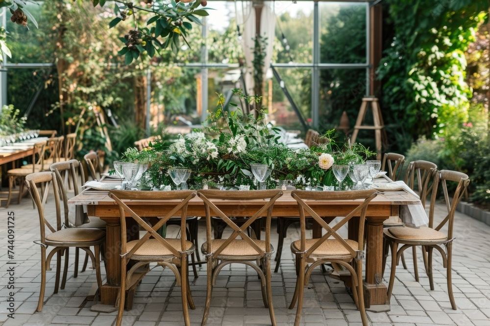 A dining table with a gathering of chairs neatly arranged around it, Nature-inspired wedding in a botanical garden, AI Generated