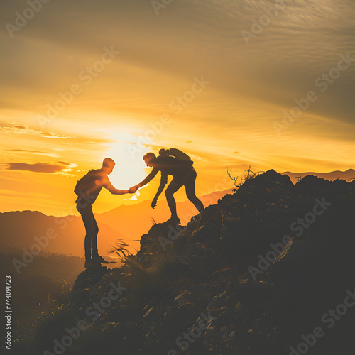 Help, assist and giving concept, mutual aidsupport and reaching goals at the peak. Silhouette of people helping each other on the mountain peak 