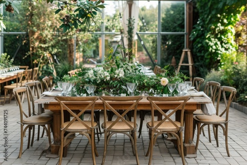 A dining table with a gathering of chairs neatly arranged around it, Nature-inspired wedding in a botanical garden, AI Generated