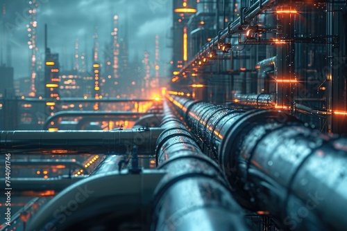 A photo showcasing a bustling futuristic city at night illuminated by neon lights, dominated by a complex network of pipes, Neo-futuristic depiction of industrial pipelines, AI Generated