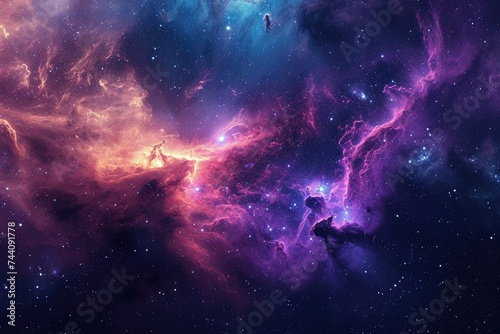 This photo captures a vibrant and energetic space, brimming with an abundance of stars, Neon colored interstellar cloud creating a sci-fi space scenery, AI Generated