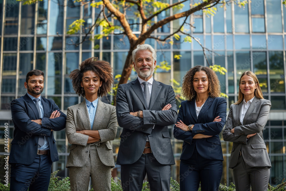 A stylish group of people posing confidently in front of a campus building, showcasing their fall fashion with smiles and crossed arms A stylish group of people posing confidently in front of a campus building, showcasing their fall fashion with smiles and crossed arms