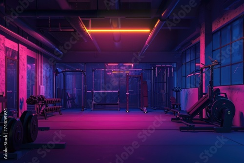 A spacious gymnasium with no occupants, featuring vibrant neon lights illuminating the entire space, Night view of a gym glowing with soft interior light, AI Generated