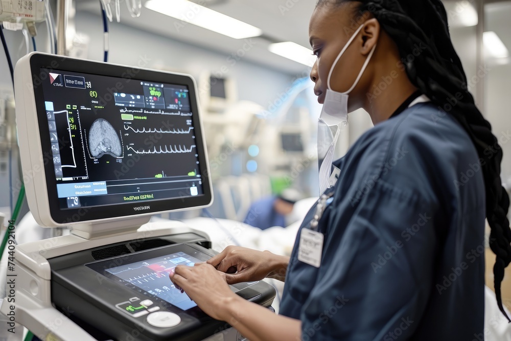 A woman wearing medical scrubs is operating a machine in a hospital setting, Nurse operating an AI-assisted portable ultrasound device, AI Generated A woman wearing medical scrubs is operating a machine in a hospital setting, Nurse operating an AI-assisted portable ultrasound device, AI Generated