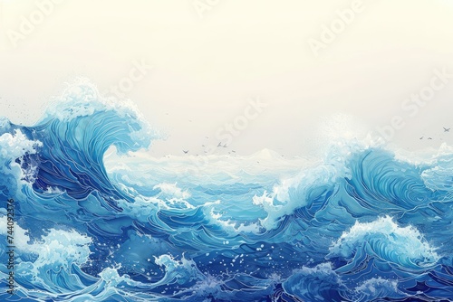 A painting depicting a stunning, large wave crashing forcefully in the vast expanse of the ocean, Ocean waves in the style of traditional Japanese art, AI Generated
