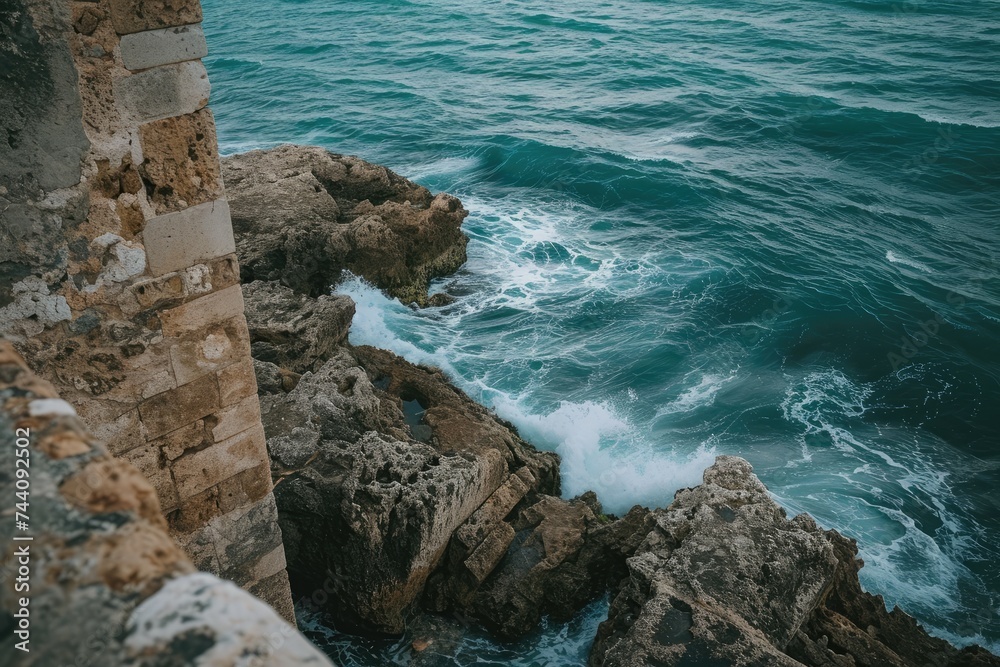 A mesmerizing view of the powerful ocean waves crashing against a rugged cliff with breathtaking natural beauty, Ocean waves seen from a coastal fort, AI Generated