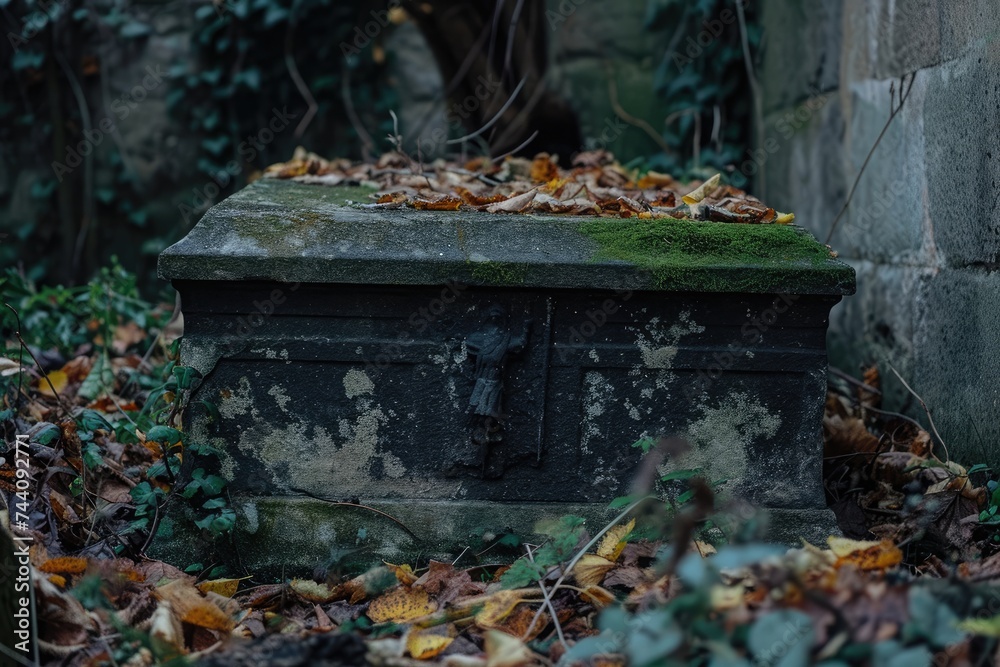 A gravestone covered in fallen leaves stands in a cemetery, creating a somber atmosphere, Old crypt in a forgotten cemetery with a vampire's coffin, AI Generated A gravestone covered in fallen leaves stands in a cemetery, creating a somber atmosphere, Old crypt in a forgotten cemetery with a vampire's coffin, AI Generated
