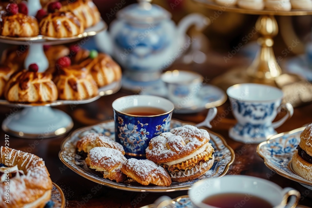 A table adorned with an assortment of delicious pastries and cups filled with aromatic tea, An ornate Victorian tea set with pastries, AI Generated A table adorned with an assortment of delicious pastries and cups filled with aromatic tea, An ornate Victorian tea set with pastries, AI Generated