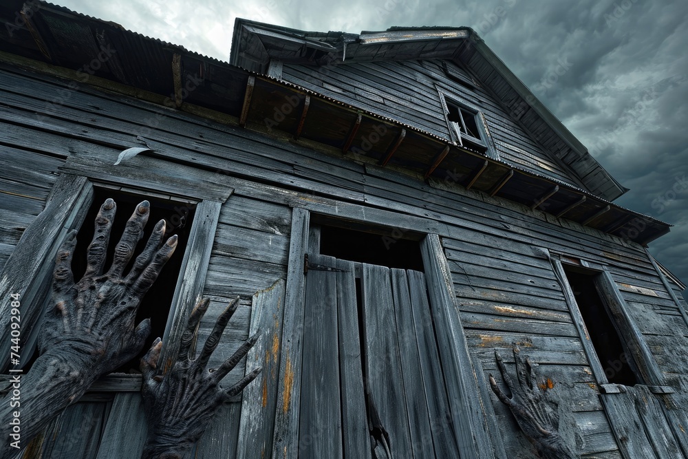 An eerie house with multiple hands mysteriously protruding from its walls, giving an unsettling vibe, Old wooden house with creepy undead hands reaching out, AI Generated An eerie house with multiple hands mysteriously protruding from its walls, giving an unsettling vibe, Old wooden house with creepy undead hands reaching out, AI Generated