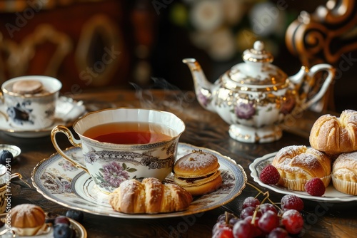 A table covered in a selection of pastries and a cup filled with tea, An ornate Victorian tea set with pastries, AI Generated