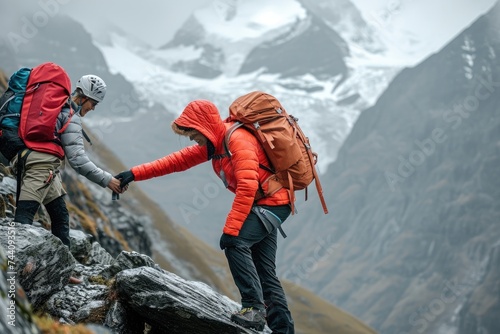 A determined couple in climbing gear scaling the rugged terrain of Mt Everest, One hiker tending to another during a mountain climb, AI Generated