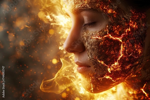 Woman With Face Covered in Fire, Artistic representation of skin burn healing process, AI Generated photo