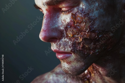 A man in distress is depicted with a considerable amount of blood covering his face, Artistic representation of skin burn healing process, AI Generated photo