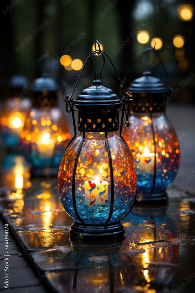 Colorful lanterns sit on a sidewalk, creating a vibrant display Colorful lanterns sit on a sidewalk, creating a vibrant display