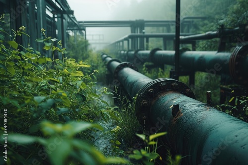 A massive pipe stands amidst the dense trees, creating an intriguing sight in the heart of the forest, Overgrown industrial pipelines on a rainy day, AI Generated