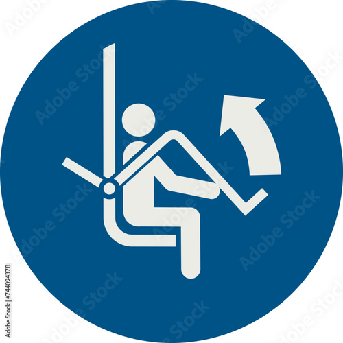 OBLIGATION SIGN PICTOGRAM, RAISE SAFETY RESTRAINING BAR ON SKI CHAIRLIFT ISO 7010 – M034, SVG