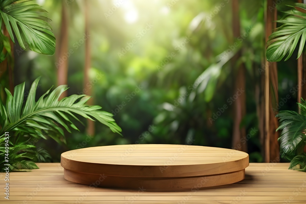 Closeup of wooden product display podium in lush tropical forest. Nature-themed advertising, eco-friendly product launches. tropical, jungle-inspired markets, natural and earthy backdrop. Closeup of wooden product display podium in lush tropical forest. Nature-themed advertising, eco-friendly product launches. tropical, jungle-inspired markets, natural and earthy backdrop.