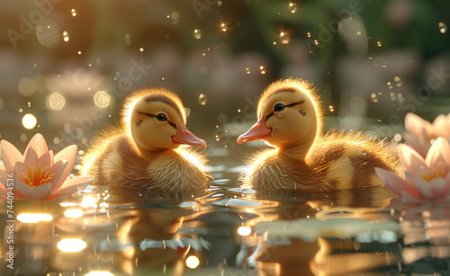 Illustration of birds, two ducklings swimming in a lake with water lilies, close-up, realistic details,  Funny ducklings photo