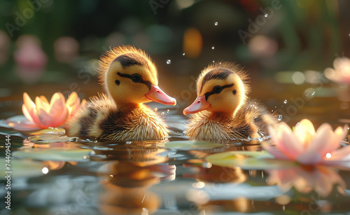 Illustration of birds, two ducklings swimming in a lake with water lilies, close-up, realistic details, Funny ducklings
