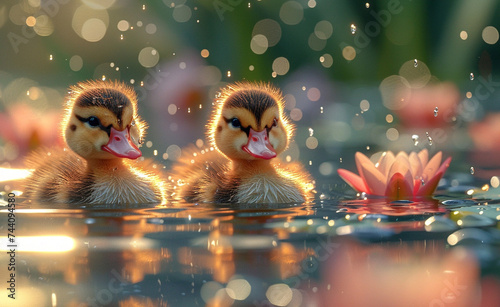 Illustration of birds, two ducklings swimming in a lake with water lilies, close-up, realistic details, Funny ducklings