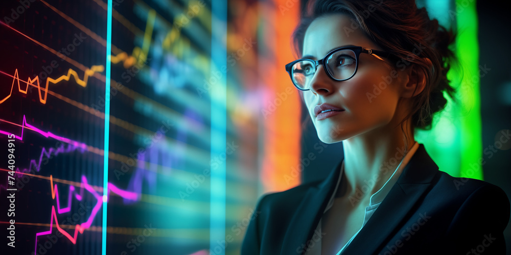 An investor business women in a business suit studies the stock market. Generative Ai An investor business women in a business suit studies the stock market. Generative Ai