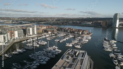 Ocean Village Marina fly over daytime aerial shot Southampton Hampshire UK