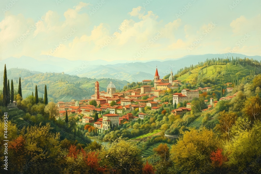 The painting depicts a village situated on a hill, featuring colorful houses and a prominent church tower, Panoramic view of a city situated on rolling hills, AI Generated