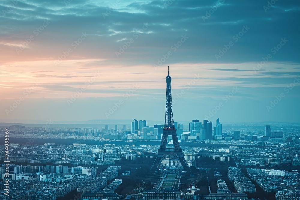 The iconic Eiffel Tower stands tall and prominent, towering over the bustling city of Paris, Paris skyline with Eiffel Tower standing out in the distance, AI Generated