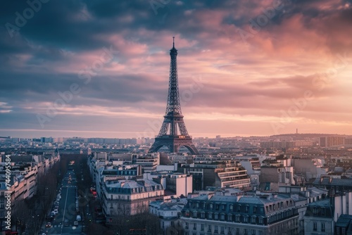 In this photo, the iconic Eiffel Tower stands tall and prominent, overshadowing the cityscape of Paris, Paris skyline with Eiffel Tower standing out in the distance, AI Generated
